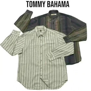 Lot Of 2 Tommy Bahama Mens Long Sleeve Tencel Shirt Striped Button Preppy READ